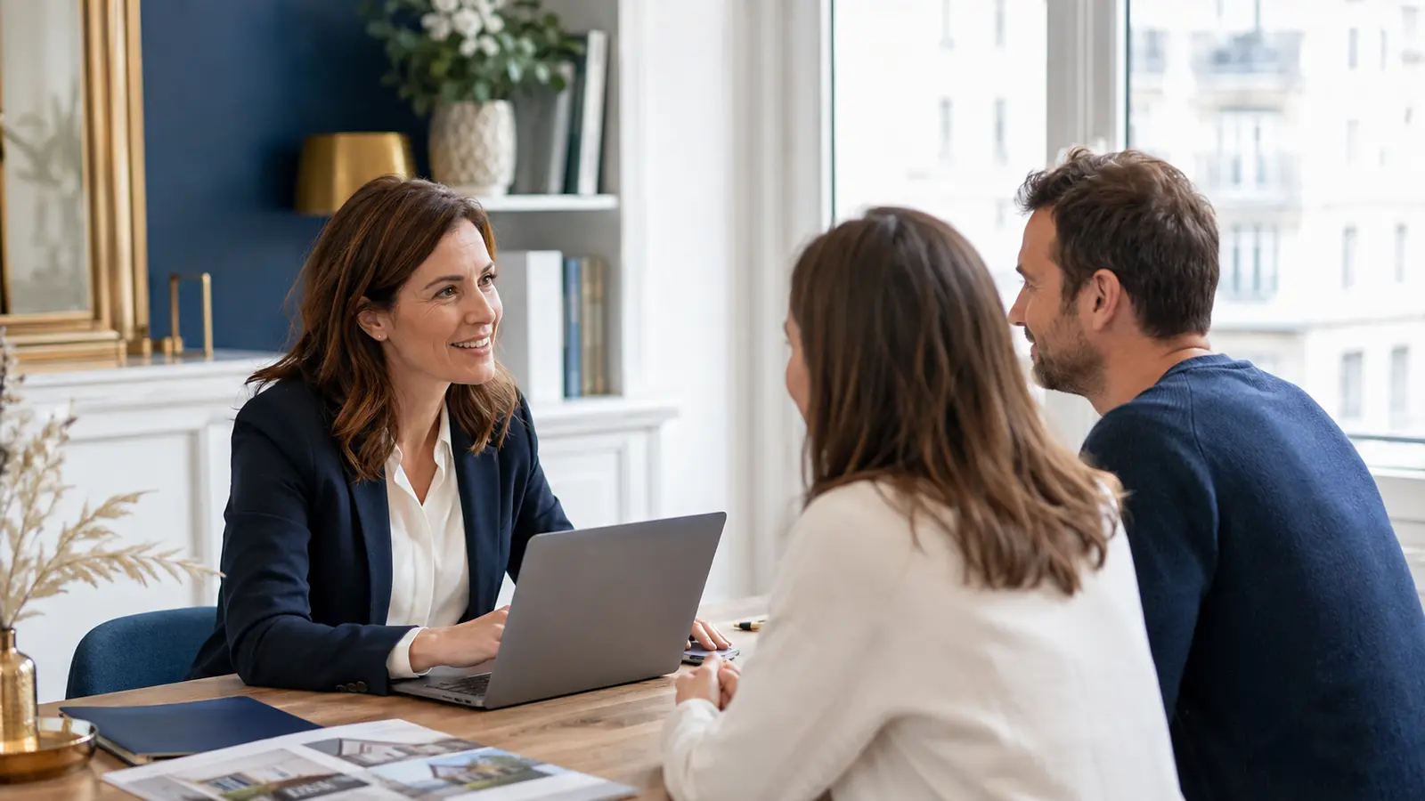 Professionnelle de l’immobilier utilisant des outils numériques lors d’un rendez-vous client
